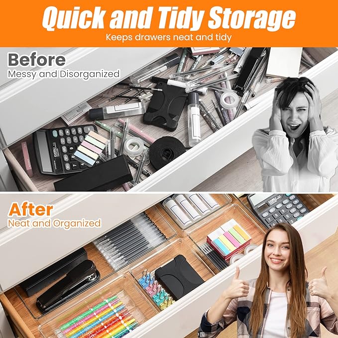 12 Pack Clear Plastic Drawer Organizer Set, Acrylic Non Slip Non Cracking Kitchen Drawer Storage Tray Large Size Divider, Multifunctional Storage for Cosmetics, Bathroom, Tools, Kitchen and Office