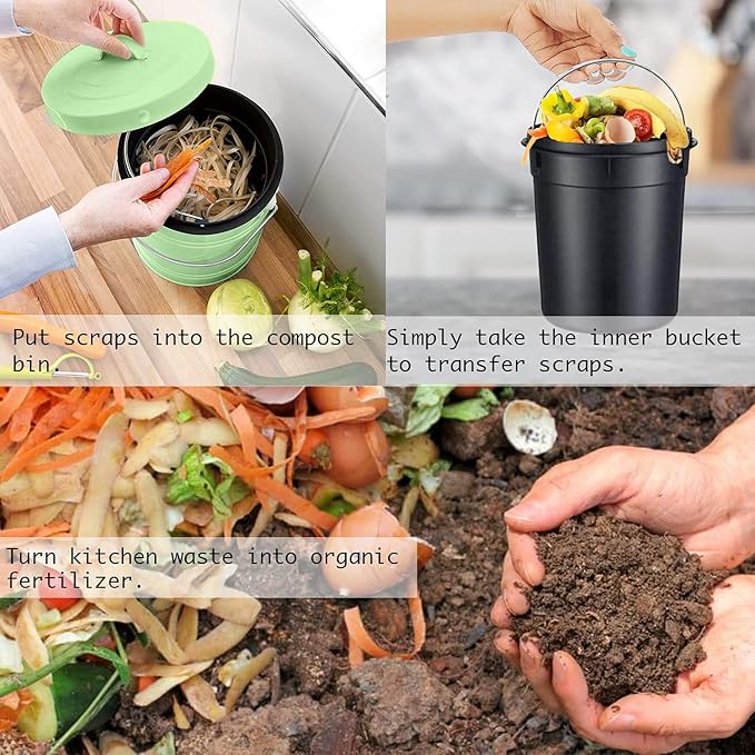 Compost Bin, LALASTAR Countertop Compost Bin with Lid, Kitchen Compost Container, Odorless Compost Bucket for Kitchen Food Waste with Carrying Handle, 1 Gallon, Green