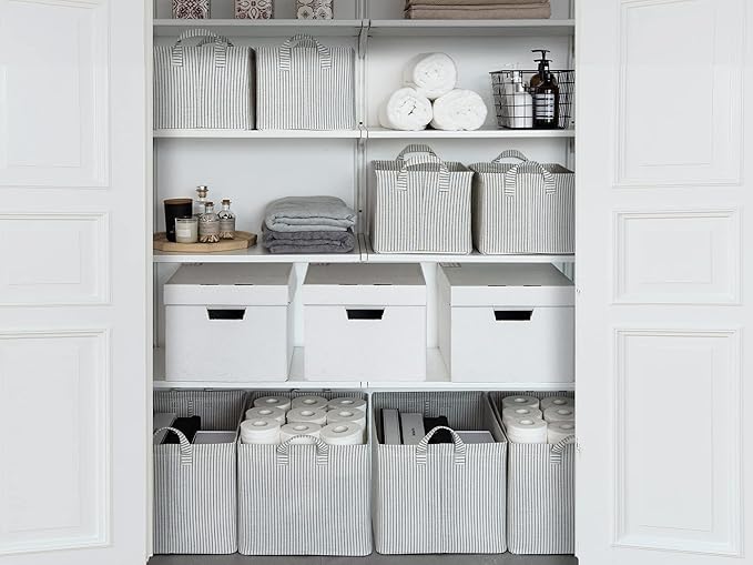 StorageWorks 45L Large Storage Bins for Closet and Shelves, Fabric Organizer Baskets with Metal Frame for Clothes, Towels, Collapsible Storage Basket, Gray and White Stripes, 2-Pack