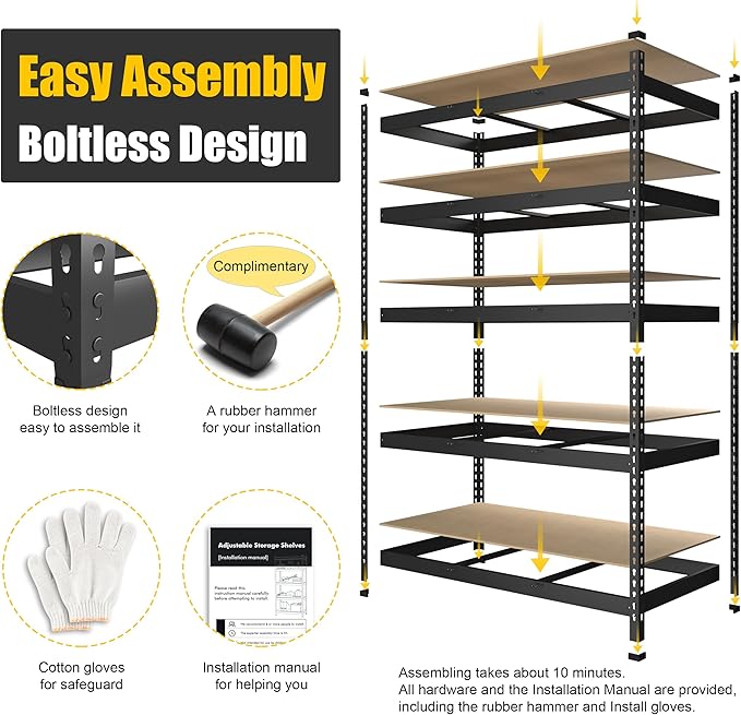 PrimeZone 2 Pack Heavy Duty Adjustable 5 Tier Garage Storage Shelves - 47" W x 18" D x 71" H, Metal Utility Rack Shelf Unit for Warehouse, Pantry, Closet, Kitchen, Black