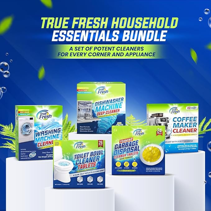 True Fresh Washing Machine Cleaner Tablets – 25-Pack Deep Cleaning for Front Loader, Top Load & HE Washers – Helps Remove Odor-Causing Residues, Pet Hair & Hard Water Buildup – Septic Safe