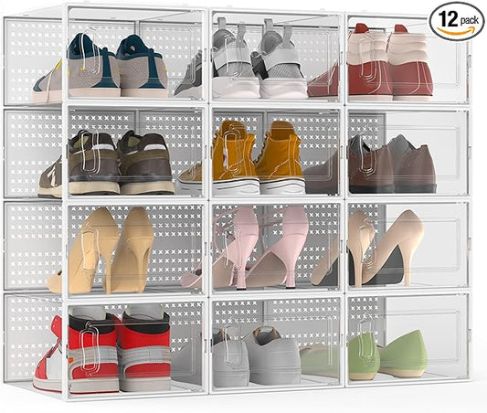12 Pack XX-Large Modular Clear Plastic Stackable Shoe Storage Organizer for Closet, Space Saving Versatile Sneaker Shoe Rack Containers Bins Holders, Portable Closet Organizers and Storage, White