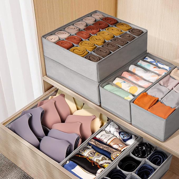 6 Pack Sock Underwear Drawer Organizer Dividers, 58 Cell Foldable Fabric Dresser Closet Organizers and Storage Bins for Clothing, Baby Clothes, Bra, Panty, Scarf, Ties (Grey)