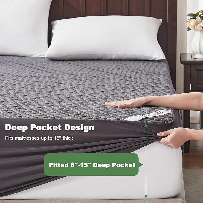 Waterproof Mattress Protector, Twin Size Mattress Pad Fitted 6"-15" Deep Pocket, 3D Air Fabric Soft Breathable Bed Mattress Cover Noiseless Washable (Carbon Gray)