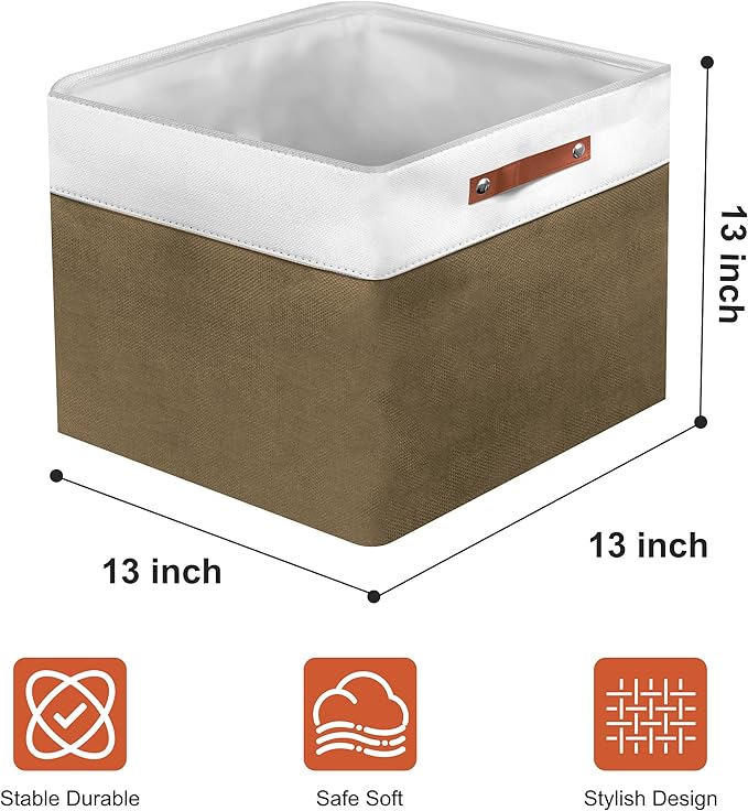 13in Open Fabric Storage Basket with Leather Handles for Organizing, Collapsible Linen Closet Bins for Shelves, Closets, Laundry, Decorative Basket for Gifts. (White＆Brown, 3PCS/13x13in)