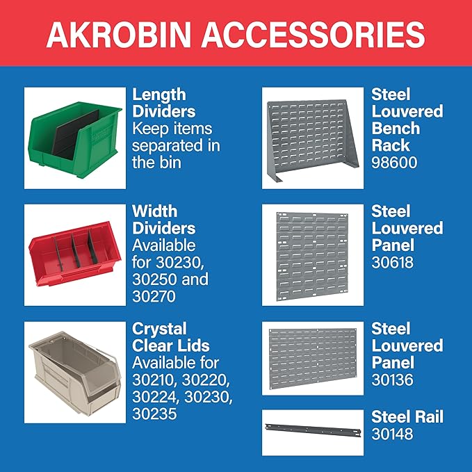 Akro-Mils 30240 AkroBins Plastic Storage Bins, Space-Saving Stackable Bins for Garage, Pantry, Craft Organization, 15" x 8" x 7", Stone, 12-Pack