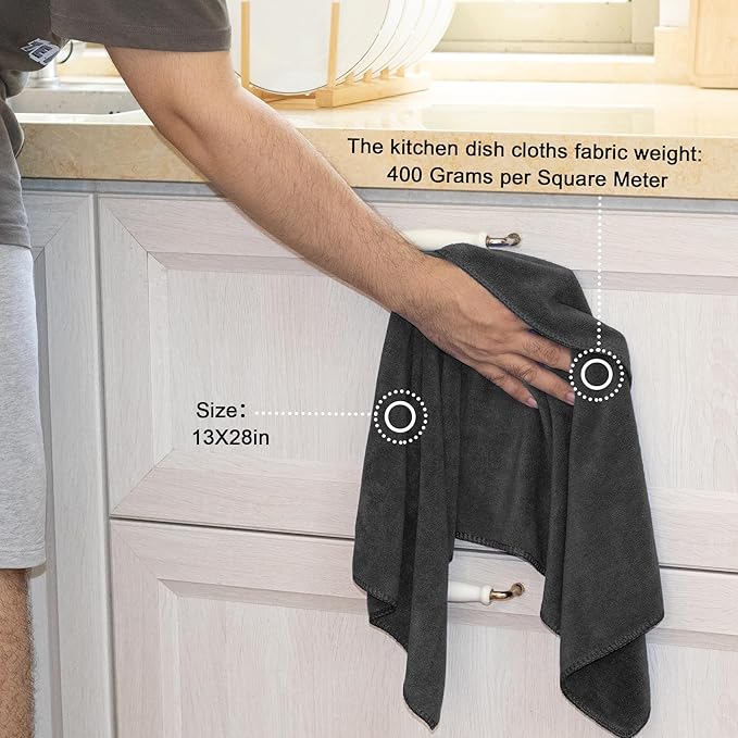 kimteny 13x28 Inches Kitchen Cloth Dish Towels, 400 GSM Premium Dishcloths, Super Absorbent Coral Velvet Microfiber Cleaning Cloths, Fast Drying Rags for Washing Dishes (12 Pack, Dark Grey)
