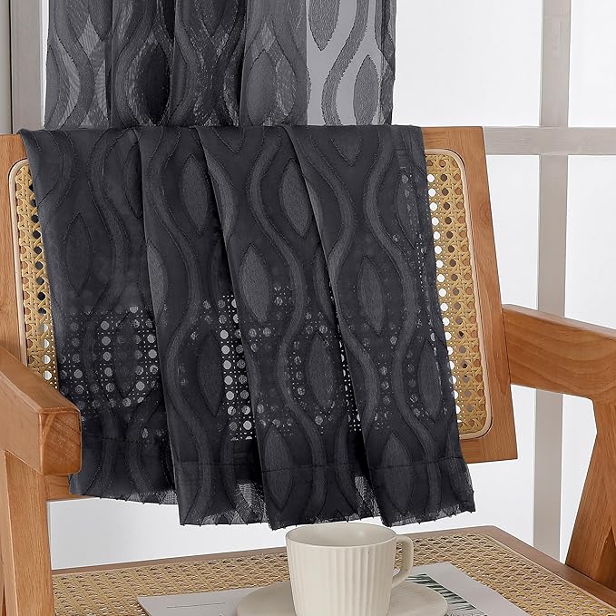 Aiyufeng Extra Long Sheer Curtains 96 Inches Long for Bedroom 2 Panels Set, Farmhouse Black Wavy Line Light Filtering Clip Jacquard Solid Voile Living Room Curtains, Dual Rod Pocket, 40"Wx96"L Inches