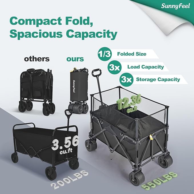 SUNNYFEEL Heavy Duty Collapsible Outdoor Utility Wagon Cart 500LB Capacity Adjustable Handlebar,Foldable Beach Wheels Stable Durable Oxford Fabric for Shopping Garden Camping (Black, Tall Version)
