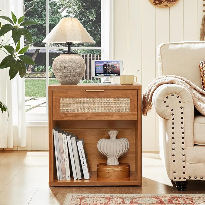LEYAOYAO Rattan Nightstand with Charging Station, 23" Wide Boho Night Stand with Drawer, Natural Wood Bedside Table Open Storage Cabinet, Bed Side End Tables Dresser for Bedroom, Living Room, Hallway