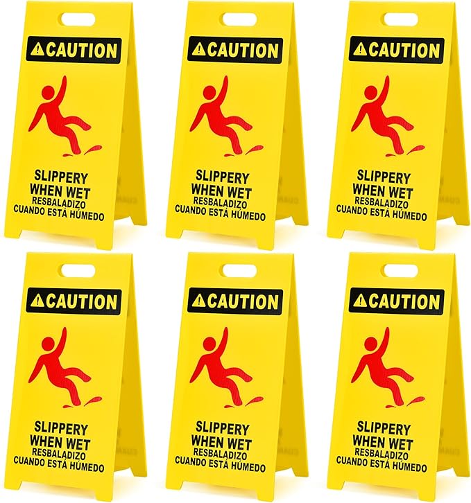 MATTHEW CLEANING 25'' Industrial Wet Floor Sign 6 Pack 2-Sided Durable Corrugated Plastic Birght Yellow Multilingual Warning Signs Commercial Caution Wet Fold-out Floor Signs For Indoors