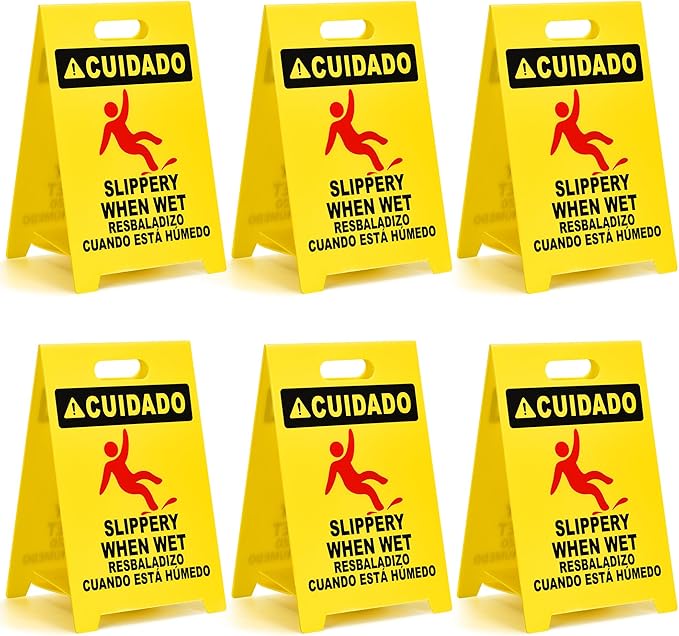 MATTHEW CLEANING 19'' Industrial Wet Floor Sign 6 Pack 2-Sided Durable Corrugated Plastic Birght Yellow Multilingual Warning Signs Commercial Caution Wet Fold-out Floor Signs For Indoors