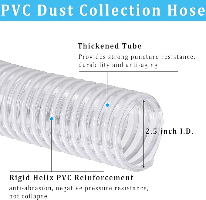Dust Collection Hose 2-1/2 in × 5 ft Heavy Duty Clear Flexible PVC Reinforced Thicken Helix Suction Discharge Corrugated Pipe Hose for Fume Dust Collector Fitting Wood Chip Saw (2.5 inch hose)