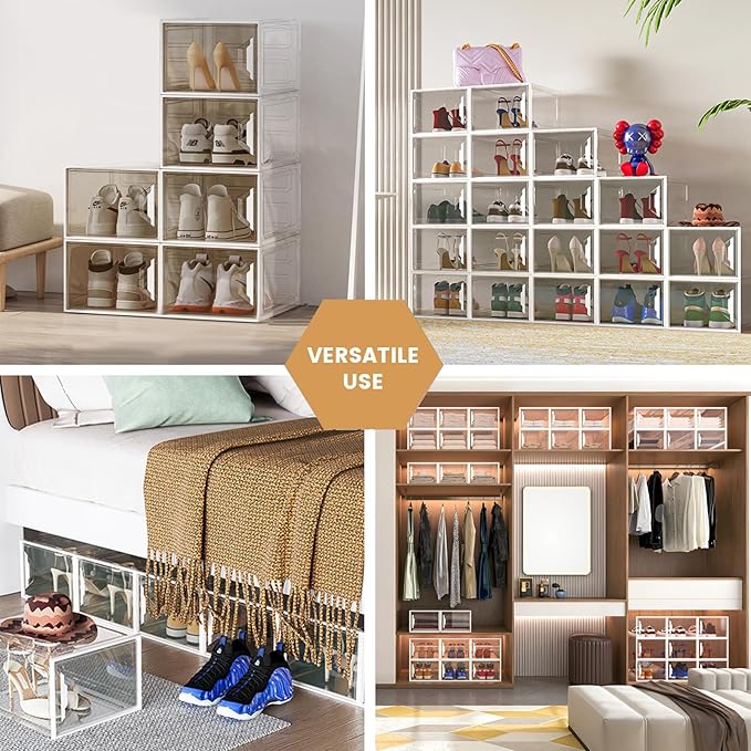 Shoe Storage Boxes Stackable, X-Large Plastic Clear Shoe Organizers with Magnetic Door, Thicken & Sturdy Sneaker Containers, Toy Storage Organizer Bins for Entryway, Closet, Under Bed