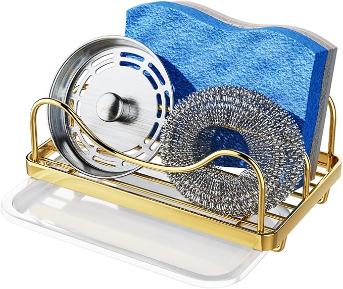 Consumest Sponge Holder for Kitchen Sink - Movable Sink Caddy for Countertop Organizer, 304 Stainless Steel Sponge Holder with Detachable Drip Tray for Kitchen Accessories, Gold