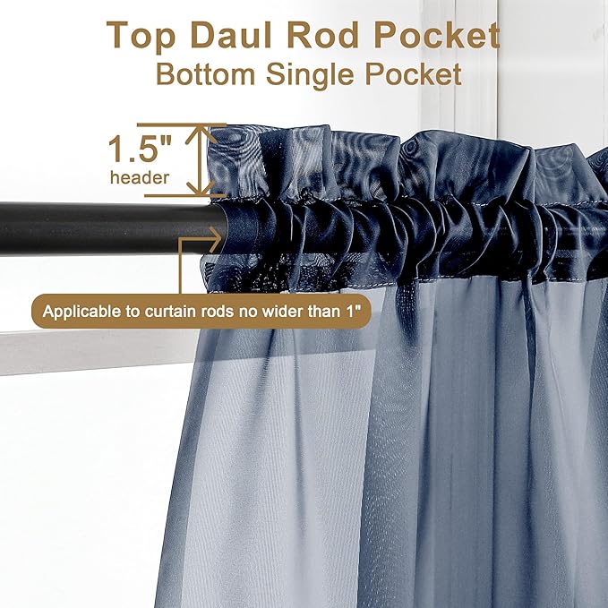 Chyhomenyc Extra Long Sheer Window Curtain Panels 120 Inch 2 PCS, Rod Pocket Durable Soft Touching Backdrop Drapes Window Treatment for Living Room/Farmhouse/Hotel, 42W x 120L inches, Navy Blue, 10 FT