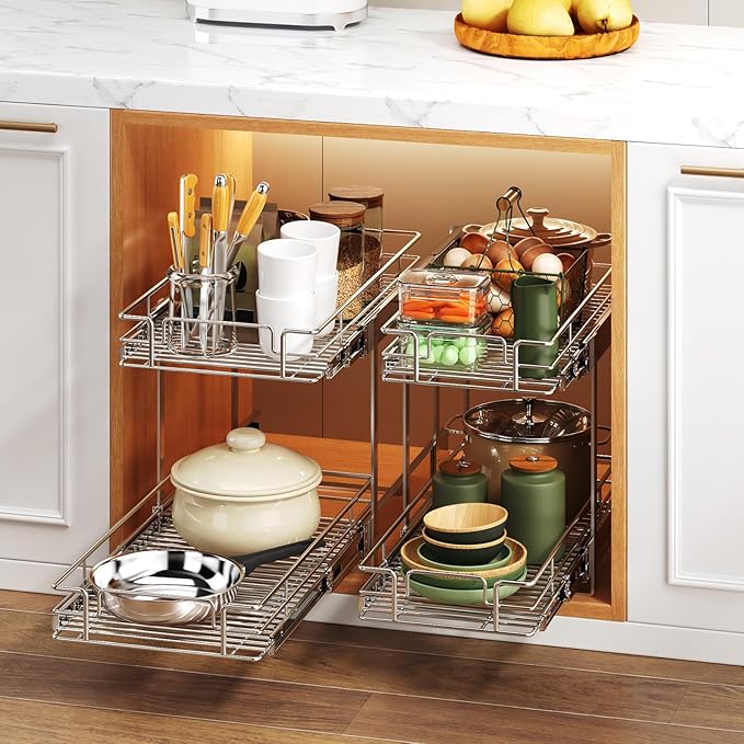 2 Tier Individual Pull Out Cabinet Organizer 7½" W x 21½" D, Heavy Duty Cabinet Pull Out Shelves, Slide Out Drawers Organization for Kitchen Cabinets Bathroom