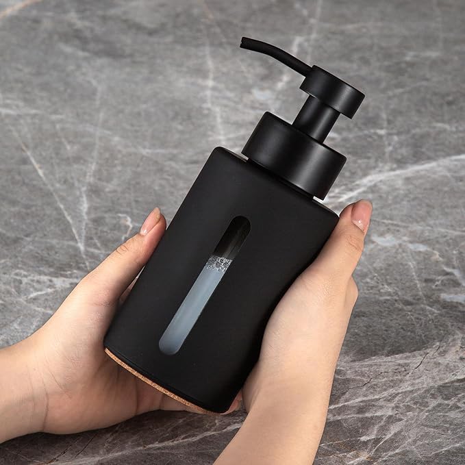 Enra Bathroom Soap Dispenser,12oz Glass Black Soap Dispenser Stainless Steel Liquid Pump,Refillable Hand Lotion Soap Dispenser for Bathroom Kitchen(Black)