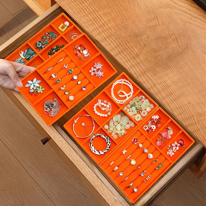 Jewelry Organizer Tray Stackable Velvet Jewelry Trays Drawer Inserts Earring Ring Necklace Organizer Display Case