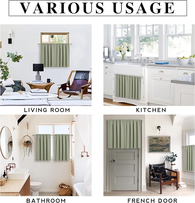 RYB HOME Bedroom Curtains Short - Blackout Privacy Energy Saving Farmhouse Curtains for RV Bunk Camper Bathroom Basement, 52 inch Width x 36 inch Length, Sage Green, 2 Pcs