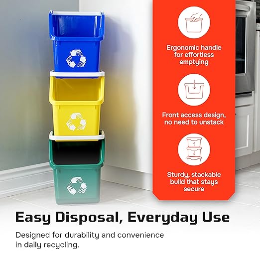 Multi Recycling Bin System with Three Stacking 6 Gallon Bins with Carrying Handles, Stackable and Compact for Offices, Homes, Garages, Businesses - (Green, 6 Pack)