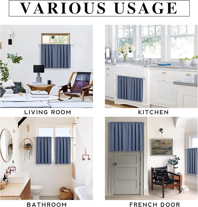 RYB HOME RV Camper Door Window Curtains -Blackout Privacy Curtains & Drapes for Bathroom Bedroom Kitchen Portable Travel Trailer Small Window Decor, W 34 x L 24, Stone Blue, 2 Panels
