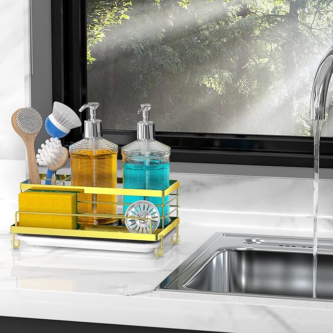 Cisily Kitchen Sink Caddy, Gold, Unisex, 5.3 in Wide, 9.49 in Long, 4 Storage Spaces, Stain-Resistant Tray, Anti-Rust, Easy to Clean