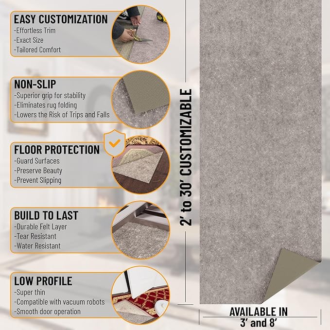 Ottomanson 7' x 8' Non-Slip Rug Pad Gripper 1/4 Inch Thick Dual Surface Felt + Rubber Gripper - Safe for All Floors, Brown