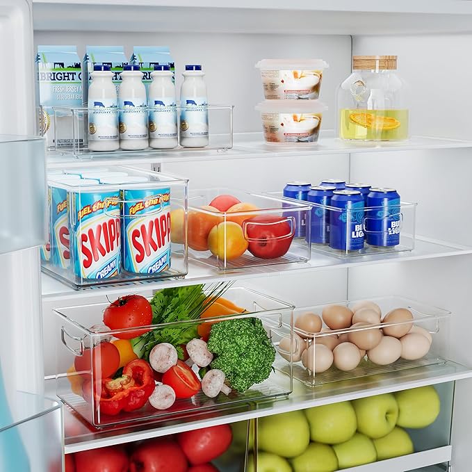 2 Pack Clear Freezer Organizer Bins Stackable Storage Bins with Side Handles for Kitchen Pantry Cabinet Organzation and Storage