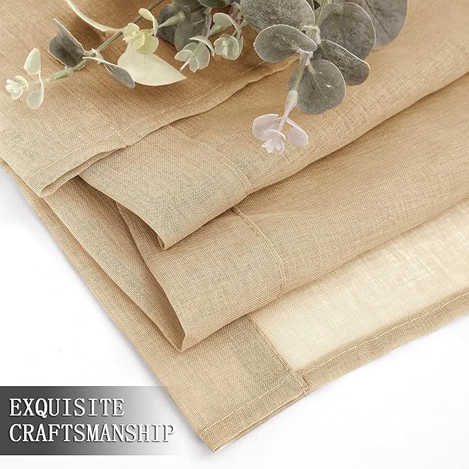 Tollpiz Short Sheer Curtain Living Room Linen Textured Curtains Sheer Light Filtering Voile Rod Pocket Curtain for Bedroom, 38 x 54 inches Long, Beige, Set of 2 Panels