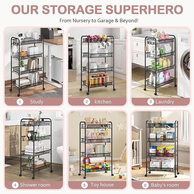 TOOLF 4-Tier Rolling Cart, Metal Utility Cart with 3 Hooks, Easy Assemble Mobile Storage Trolley On Wheels, Metal Shelving Units Kitchen Bathroom Laundry Room