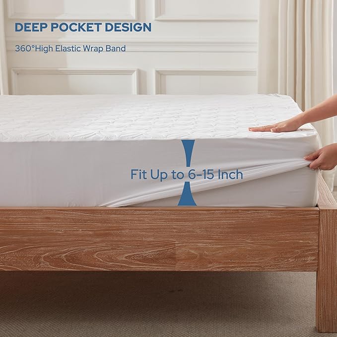 BEDLORE Waterproof Mattress Protector, Full Size Mattress Pad with Deep Pocket 6"-15" Depth, Soft Breathable Double Bed Mattress Cover for Bedroom, College Dorm, Hotel (White)