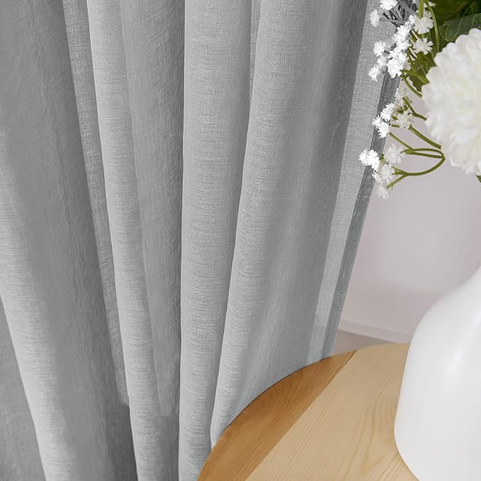 Tollpiz Short Sheer Curtains Linen Textured Living Room Curtain Sheers Light Filtering Rod Pocket Voile Curtains for Bedroom, 42 x 45 inches Long, Silver Grey, Set of 2 Panels