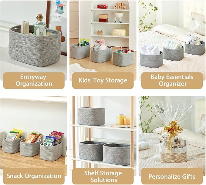 Small Cotton Rope Basket – Storage Bin for Organizing (10.6" x 6.7" x 6.7"), Bathroom Storage Basket for Shelf, Counter & Closet（Grey）