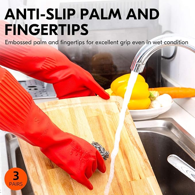 Vgo... 3-Pairs Dishwashing Gloves, Reusable Household Gloves, Long Sleeve, Thick Latex, Cleaning, Washing, Working, Painting, Gardening, Pet Care (Size M, Red, RB2143)