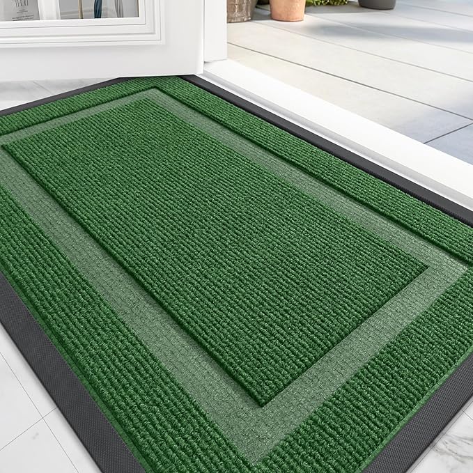 OLANLY Front Door Mat Indoor Outdoor Entrance, Waterproof All-Season, All-Weather Doormat, Sturdy Natural Rubber, Fade Resistant, Low Profile, Easy Clean Patio Porch Entryway Mat, 29.5x17, Green