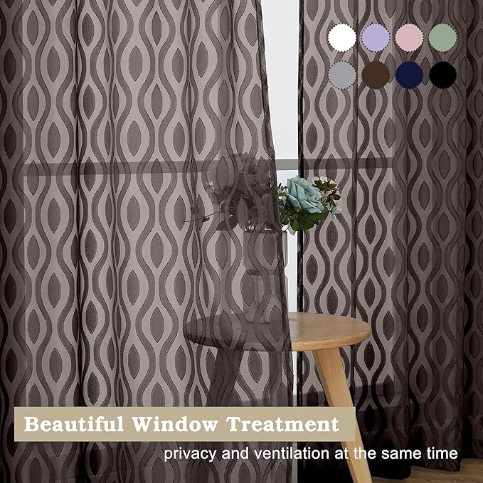 Aiyufeng Brown Sheer Curtains 72 Inches Long 2 Panels, Lightweight Clip Jacquard Textured Sheer Privacy Curtains for Bedroom Living Room, Classic Wavy Line Design Door Curtains, 40" Wx72 L Inches