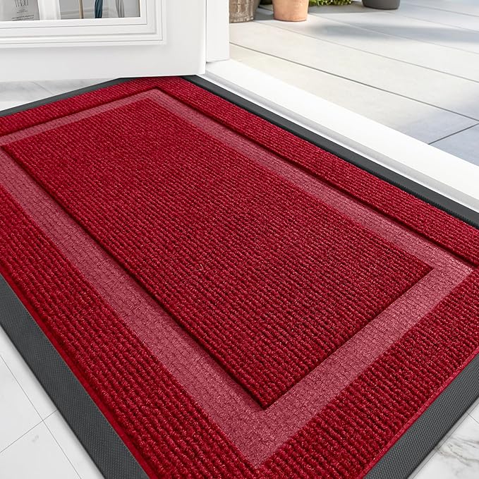 OLANLY Front Door Mat Indoor Outdoor Entrance, Waterproof All-Season, All-Weather Doormat, Sturdy Natural Rubber, Fade Resistant, Low Profile, Easy Clean Patio Porch Entryway Mat, 71x23, Wine Red