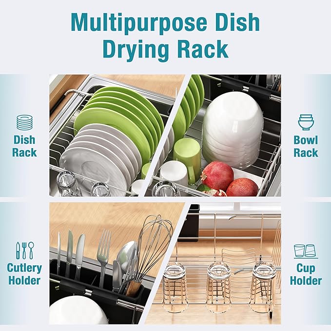 JASIWAY Dish Drying Rack in Sink, Expandable Stainless Steel Dish Drainers for Kitchen Counter, Dish Dryer Rack for Inside Sink, Over The Sink Dish Racks with Utensil Holder, Silver