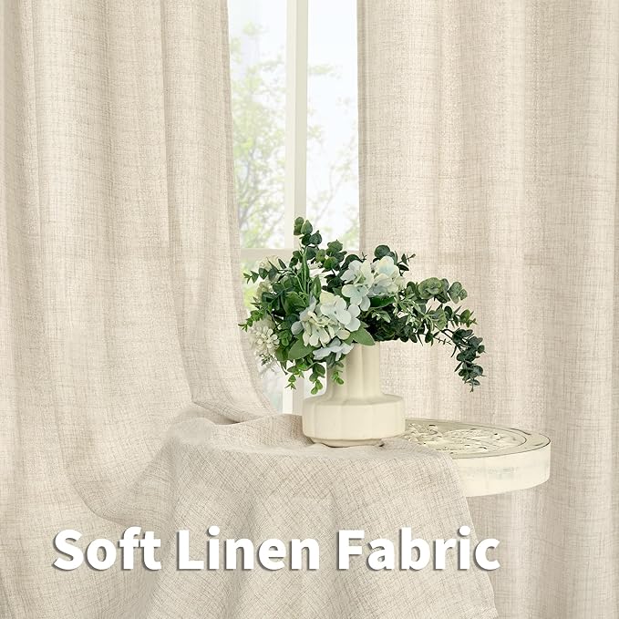 YoungsTex Boho Linen Curtains 63 Inch Length 2 Panels for Living Room - Cream Semi Sheer Window Drapes Light Filtering with Back Tab Rod Pocket Rustic for Country Bedroom, 52 X 63 Inch
