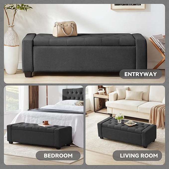 48" Ottoman with Storage, Soft Storage Ottoman Bench for Bedroom, Tufted Upholstered Window Benches, End of Bed Bench for Living Room, Entryway Bench with Seating, Foot Rest, Darkgrey