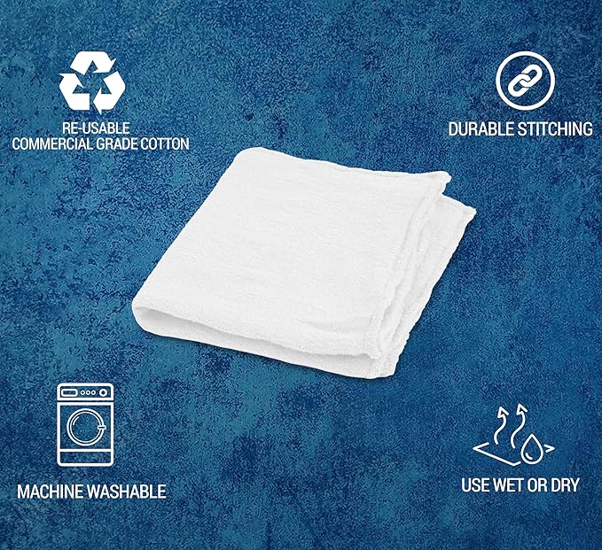 Cotton Shop Towels - Pack of 25 Cleaning Rags 12'' x 14'' - Super Soft and Absorbent Shop Rags for Cleaning House - Multipurpose Towels for Automobiles, Industries, Garage
