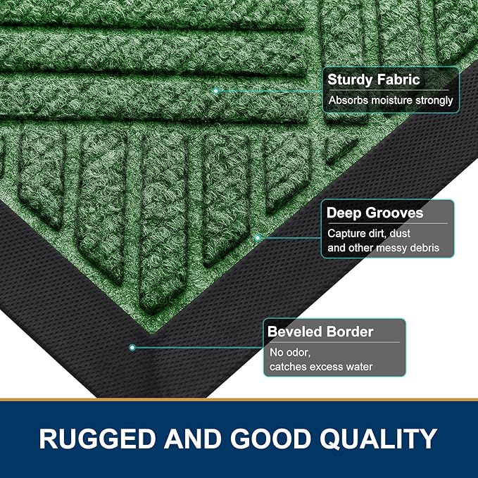Smiry Front Door Mat Outside Entrance, Heavy Duty Outdoor Indoor Natural Rubber Doormat, Non Slip, Trap Dirt and Moisture, Easy Clean, Low Profile Patio Porch Entryway Mat, 29.5x17, Green