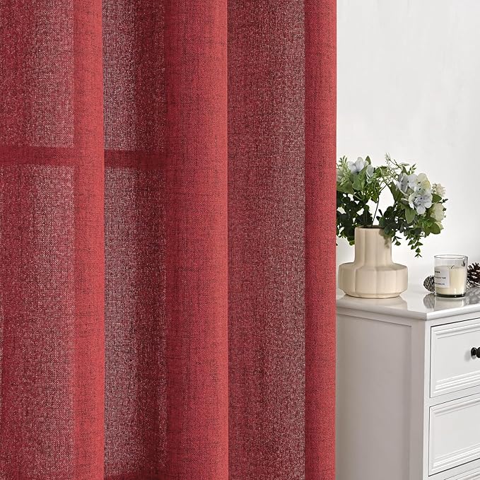 YoungsTex Red Linen Semi Sheer Curtains 78 Inch Length for Living Room, Christmas Light Filtering Window Drapes with Rod Pocket Back Tab for Dining Bedroom, 2 Panels, 52 X 78 Inch