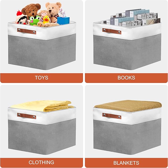 13in Open Fabric Storage Basket with Leather Handles for Organizing, Collapsible Linen Closet Bins for Shelves, Closets, Laundry, Decorative Basket for Gifts. (White＆Gray, 3PCS/13x13in)