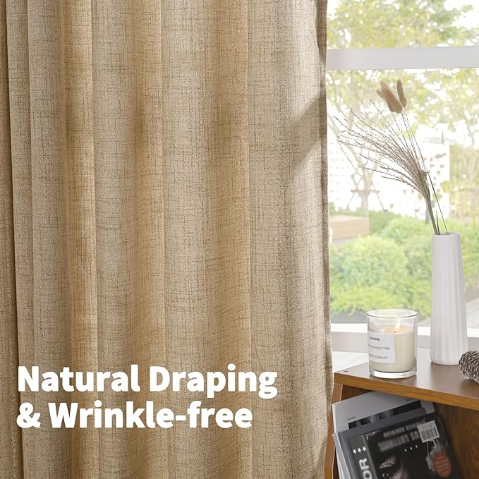 YoungsTex Toffee Linen Curtains 84 Inch Length 2 Panels for Farmhouse Living Room, Light Filtering Back Tab Burlap Textured Window Drapes for Bedroom Rod Pocket Rustic/Country, 52 X 84 Inch