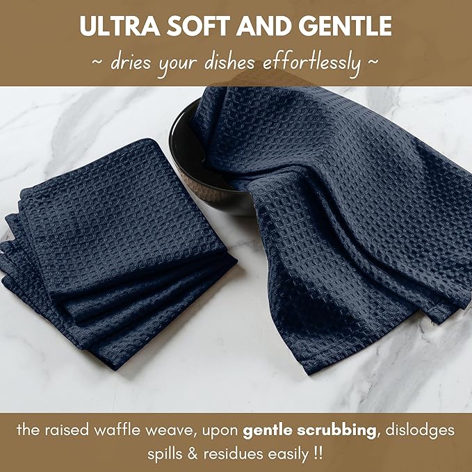 Native Fab Cotton Kitchen Towel with Hanging Loop 16x26 inches, 4-Pack, Waffle Weave Kitchen Towels for Cleaning Drying, Washcloths Soft & Absorbent Cloth Rags, Bar Towel, Dish Cloth, Navy