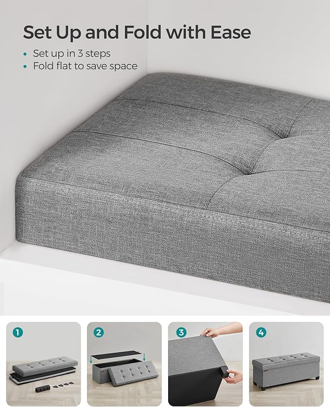 SONGMICS Storage Ottoman Bench, Foldable Foot Rest with Legs, 15 x 43 x 15.7 Inches, End of Bed Bench, Storage Chest, Load up to 660 lb, for Living Room, Bedroom, Entryway, Dove Gray ULSF018G02