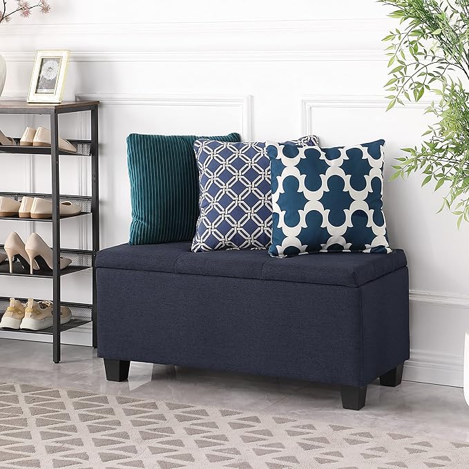 Set of 3 Hinged Storage Ottoman, 38'' Ottoman Bench with Storage and Thick Seating, End of Bed Bedroom Bench Window Bench with 2pcs Small Foot Rest (Blue - Fabric)