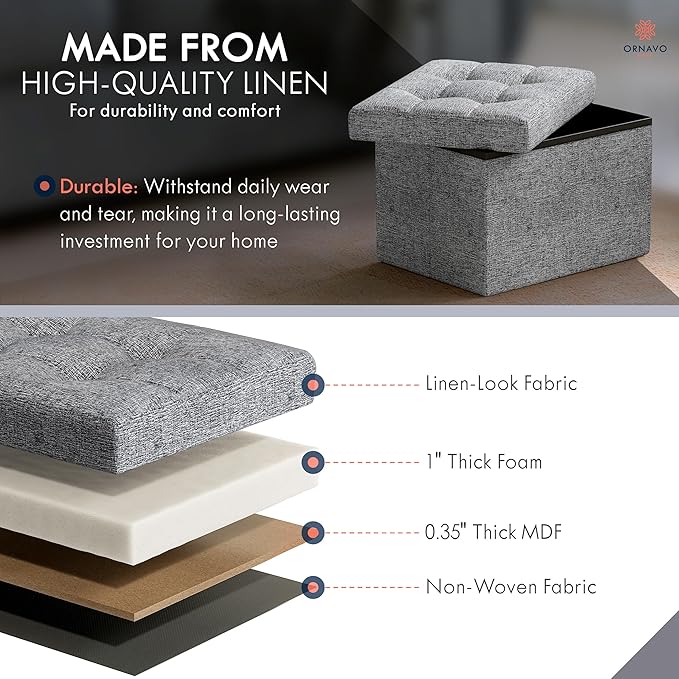 Ornavo Home Small Storage Ottoman Foldable Collapsible Rectangle Linen Ottoman Foot Rest Stool Seat, for Living Room, Bedroom, Home Office, Dorm - 12 x 16 x 12, Gray